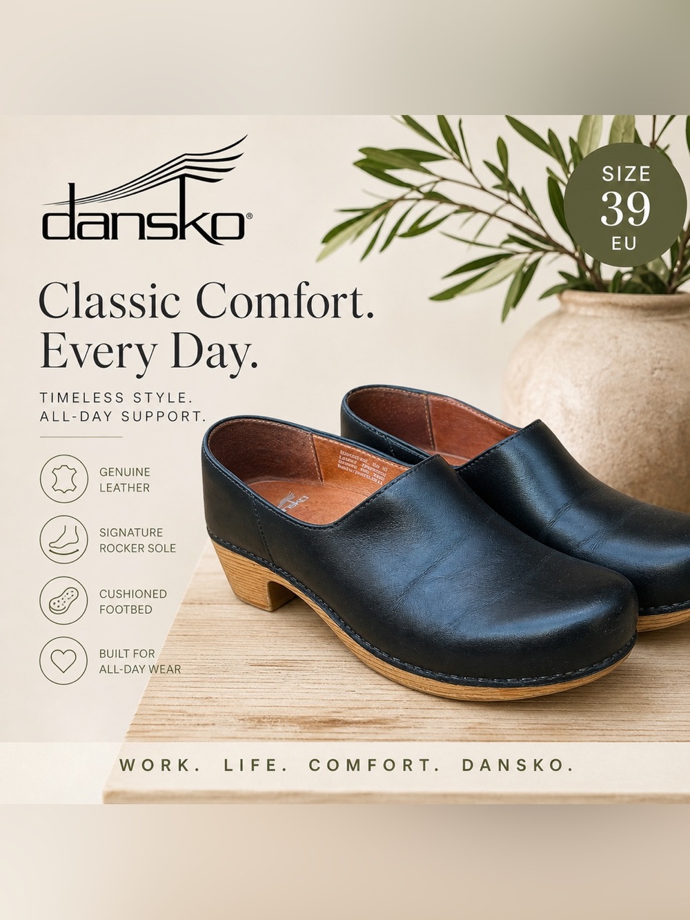 Dansko Black Leather Clogs Size 39 EU Slip On Comfort Shoes